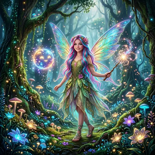 Enchanting Fairy Girl with Vibrant Hair and Wings | Magical Wand Spell