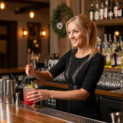 Blonde Bartender Mixing Cocktails for Guests