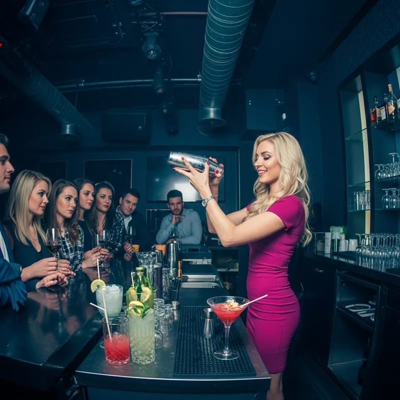 Blonde Bartender Shaking Cocktails in Nightclub