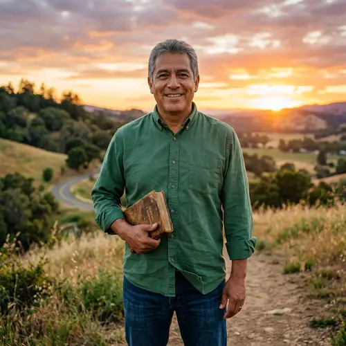 Middle-Aged Hispanic Man Portrait with Wisdom and Joy