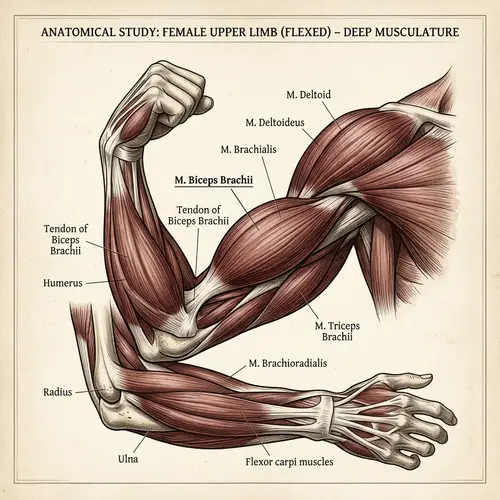 Detailed Anatomical Study of Woman's Flexed Arm Musculature