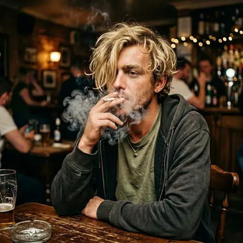 Blonde Man Smoking with Curly Eyebrows