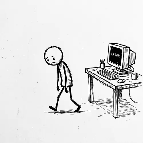 Defeated Stickman Walking Away from Computer