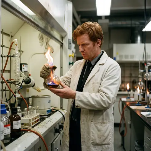Red-haired Chemist in Black Suit Carrying Flaming Flask