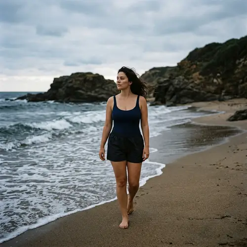 Enigmatic Woman on Sandy Beach | 38D Size Swimwear