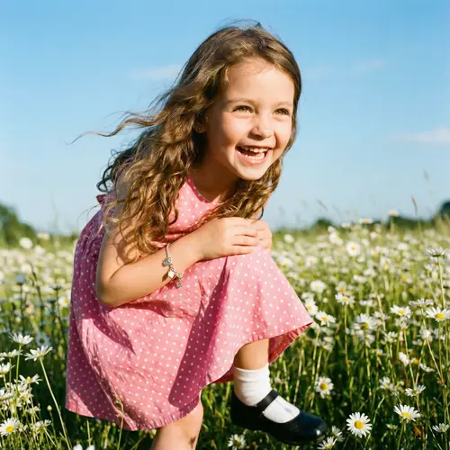 Joyful Seven-Year-Old Girl in a Field of Daisies