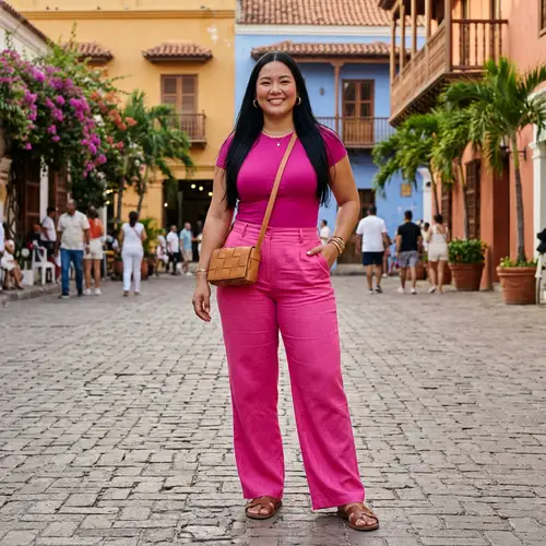 Tall Hispanic Woman in Pink Outfit with Straight Black Hair