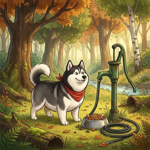 Animated Husky Illustration in Exaggerated Feeding Scene