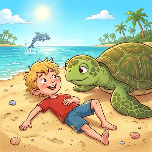 Joyful Beach Adventure: Boy with Turtle & Dolphin