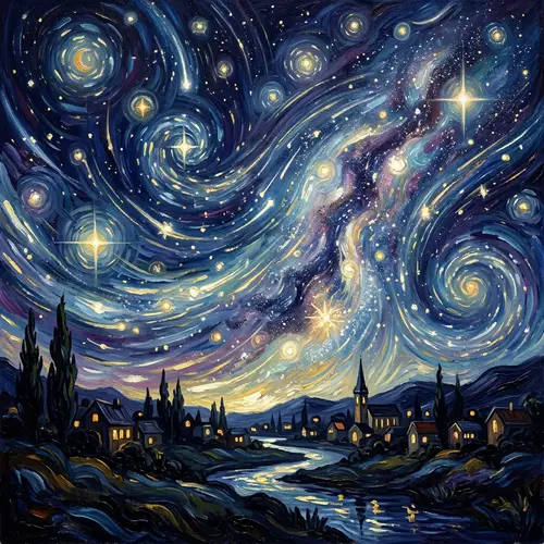 Mystical Night Sky Art: Whimsical Starry Scene