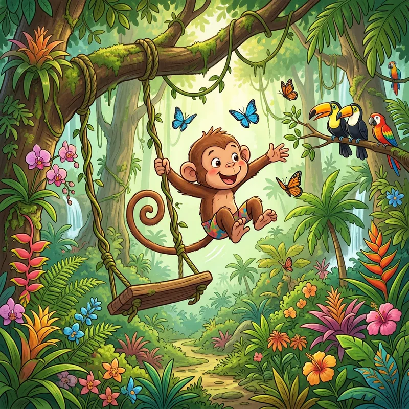 Playful Cartoon Monkey Swinging in Lush Jungle Wonderland Playful Cartoon Monkey Swinging in Lush Jungle Wonderland