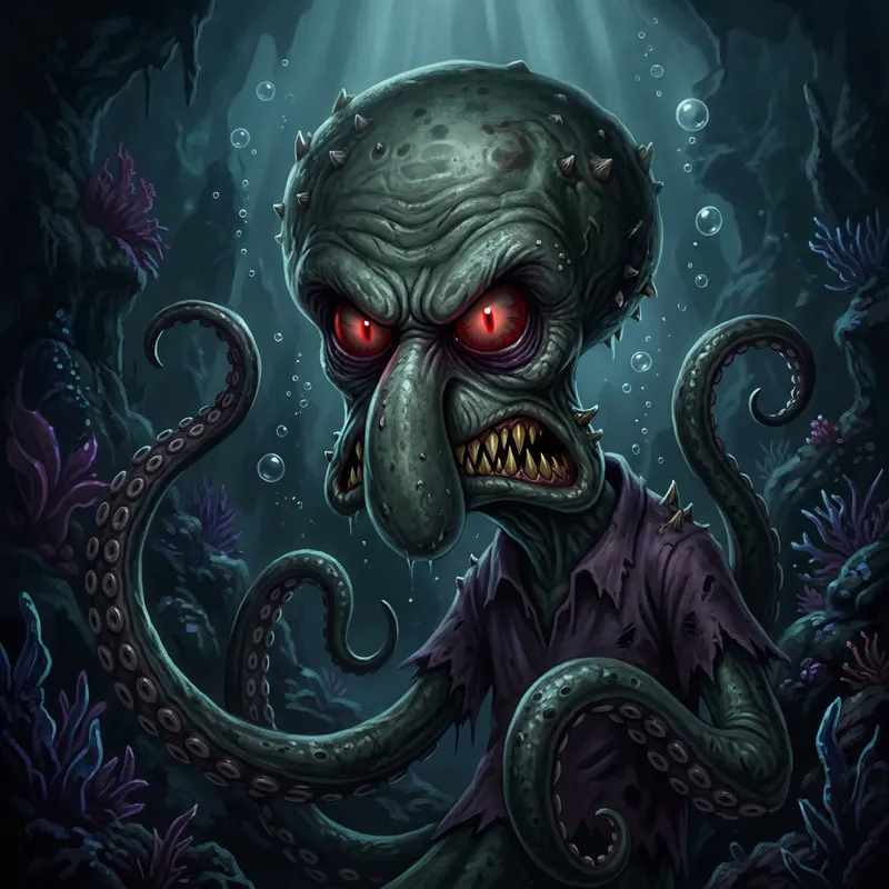 Evil Monster Squidward with Bloody Eyes