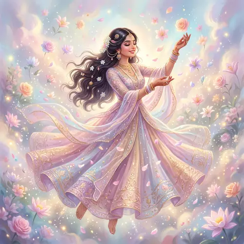 Ethereal South Asian Woman in Flowing Gown Surrounded by Flowers