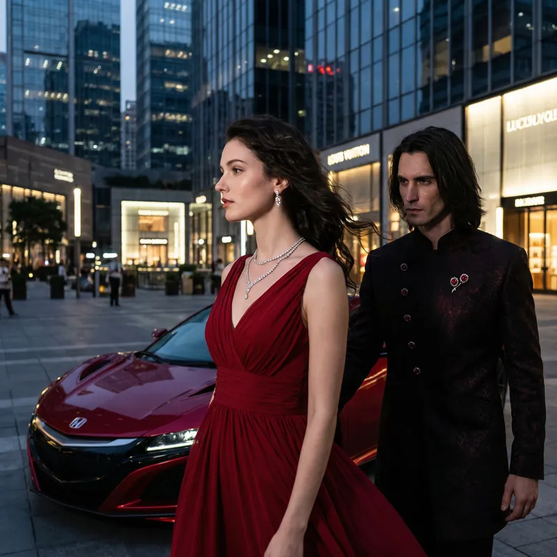 Captivating Night City Scene with Elegant Woman and Handsome Man