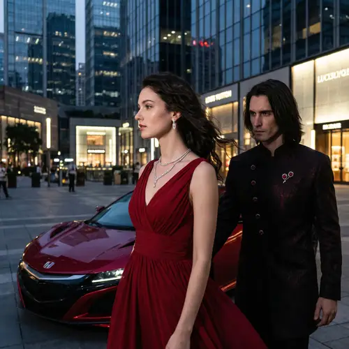 Luxurious Night City Scene with Woman in Red Dress and Handsome Man