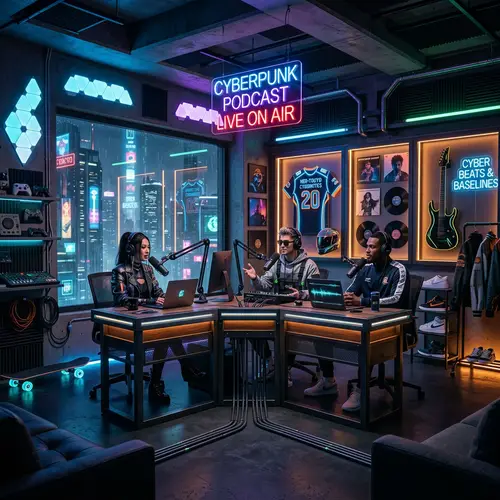 Cyberpunk Podcast Studio: Sports, Fashion & Music Blend