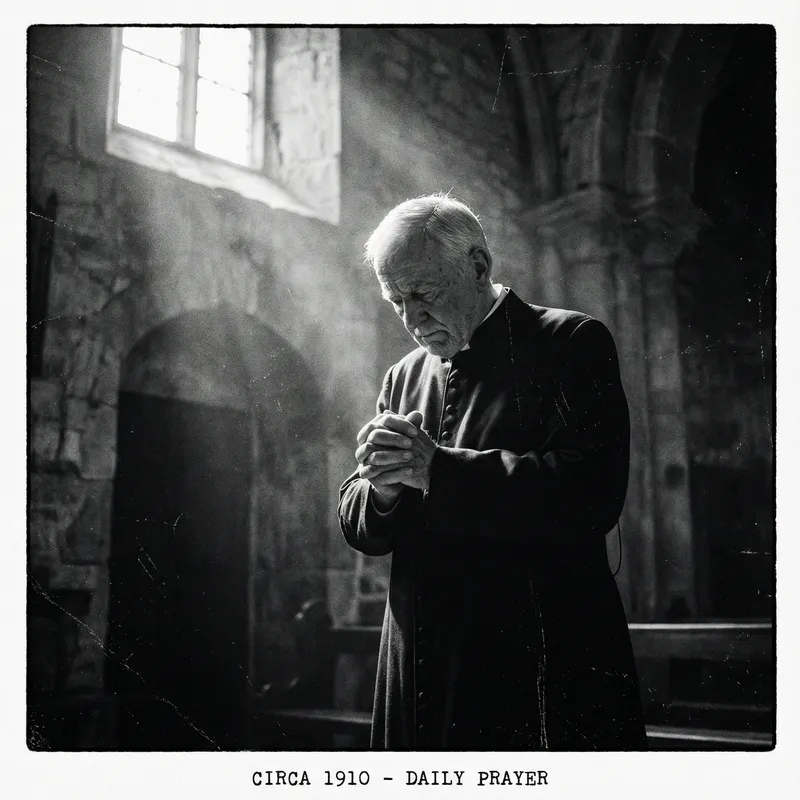 Solemn Priest in Dimly Lit Church | Vintage Spiritual Photography
