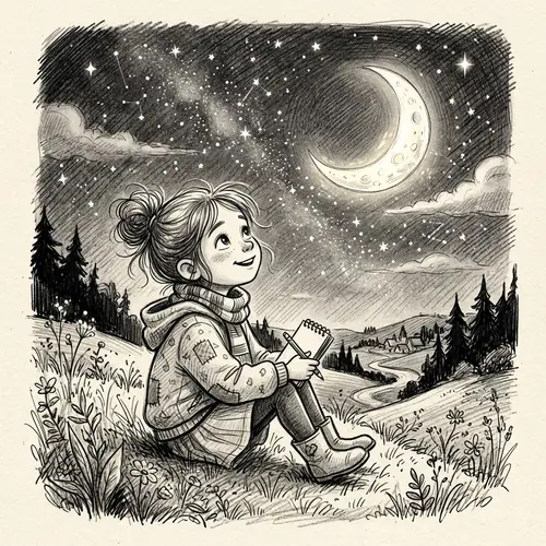 Cute Girl Admiring the Moon Sketch