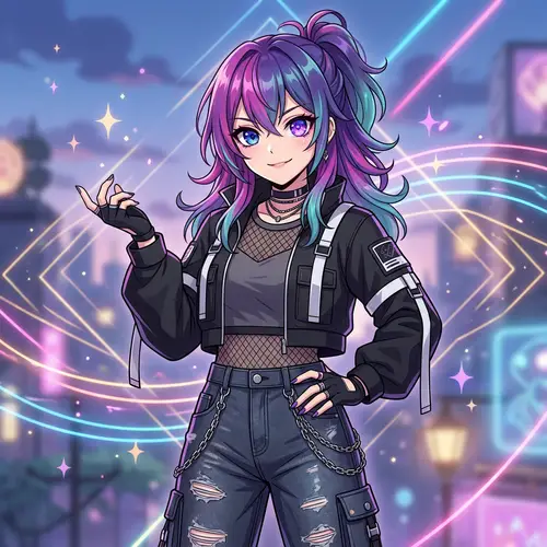 Seductive Anime-Style Girl with Colorful Hair and Trendy Outfit
