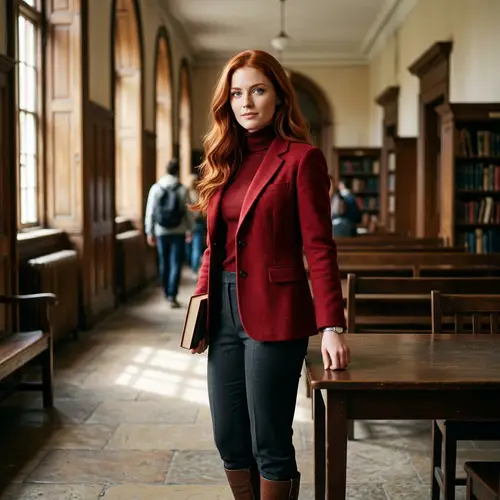Strong and Confident Female Character in Crimson Hair in School Setting