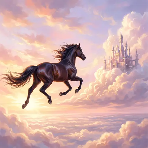 Majestic Horse Soaring in Ethereal Sky with Dream-like Castle