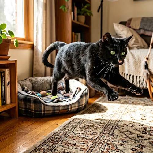 Black Domestic Short-Haired Cat - Playful & Cozy Home Scene
