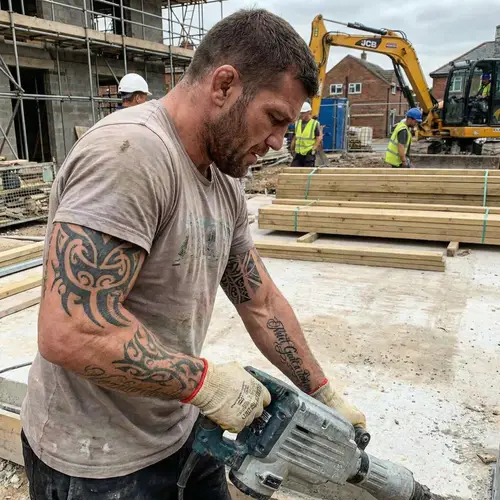 Muscular Mixed Martial Artist Working at Construction Site