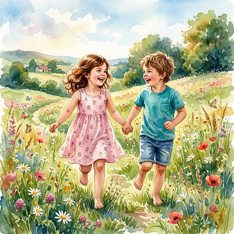 Young Girl and Boy in Sunlit Meadow Young Girl and Boy in Sunlit Meadow