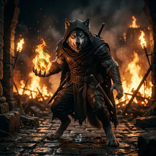 Wolf Assassin with Fireball: A Fiery Transformation