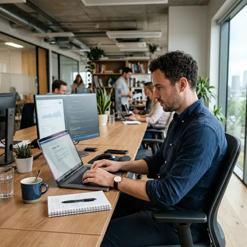 Man Typing on Laptop in Office Environment