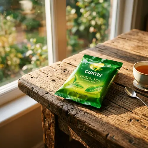 Curtis Green Tea on Rustic Wood Table