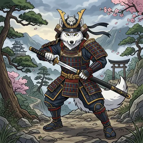 Cute White Humanoid Wolf Samurai Warrior Art