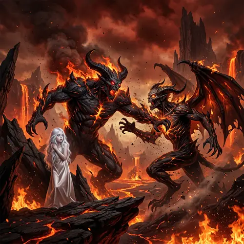 Demonic Battle in Fiery Landscape for a Girl - Symbolic Hell Scene