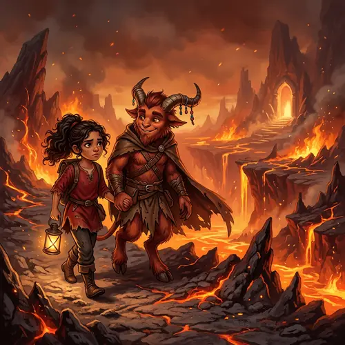 Hispanic Young Girl's Escape With Friendly Demon in Fiery Landscape