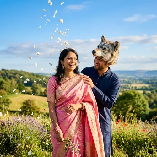 Graceful South Asian Woman in Pink Saree with Wolf-Headed Man in Scenic Landscape