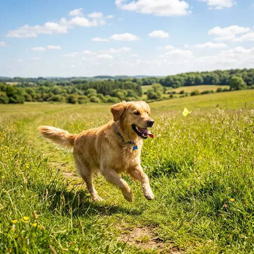 Happy Dog Running in Green Field with a Butterfly