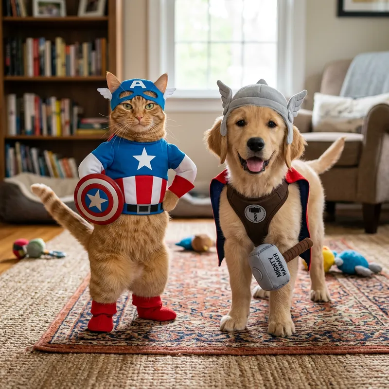 Cat in Captain America Costume Meets Puppy as Thor