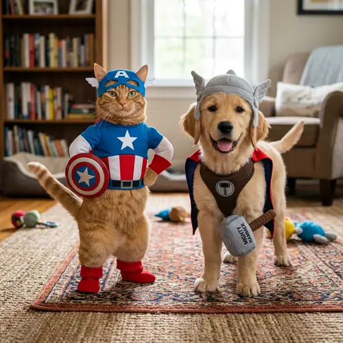 Cat in Captain America Costume Meets Puppy in Thor Costume