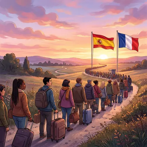 Diverse Individuals in Queue Towards Horizon with Spanish and French Flags