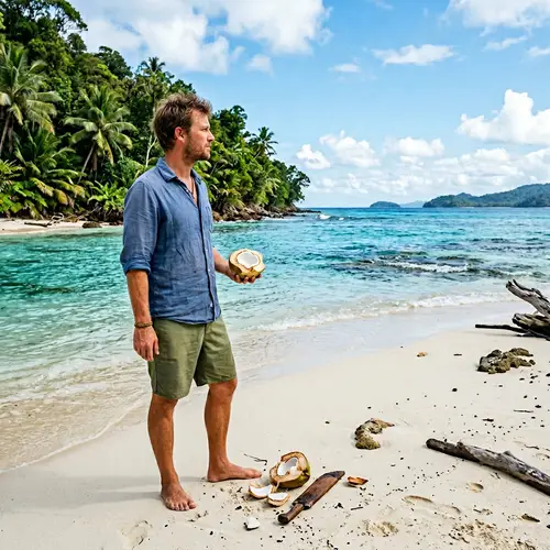 Tropical Island Man Enjoying a Fresh Coconut on White Sandy Beach
