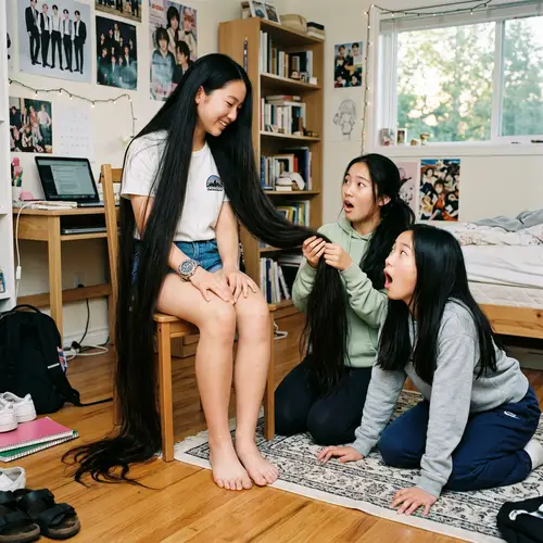 Asian Teenage Girls with Very Long Black Hair in Room