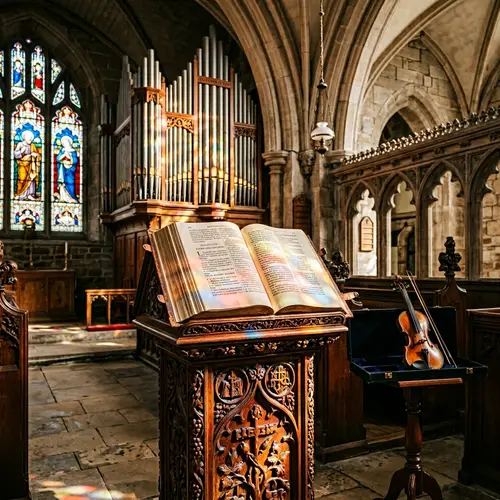 Historic Church Interior with Bible, Organ, and Violin