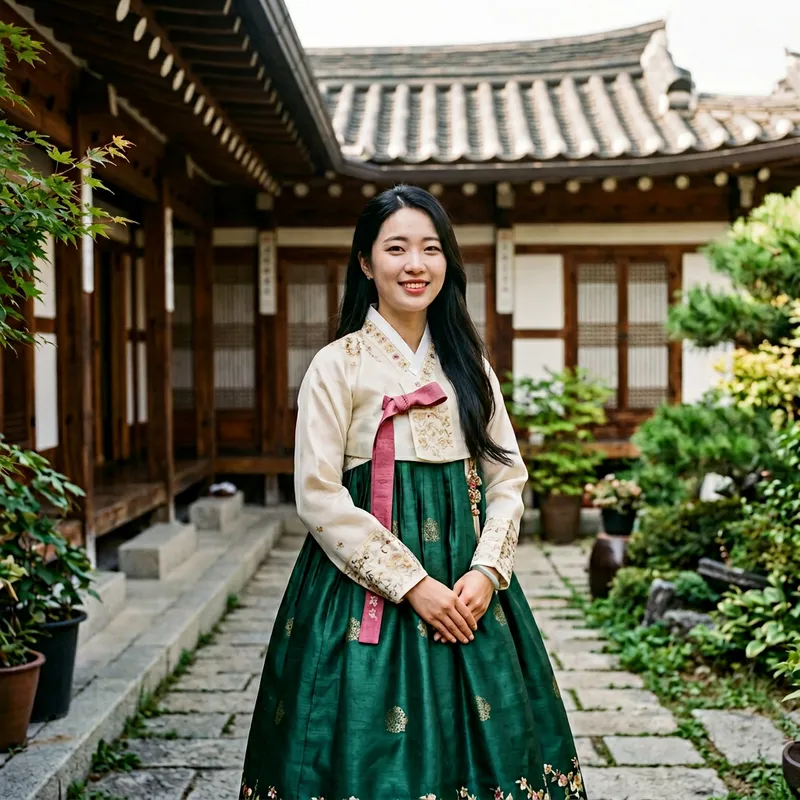 Korean Woman in Traditional Attire with Beautiful Hair