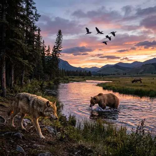 Spectacular Wildlife Scene at Dusk: Gray Wolf, Grizzly Bear, Herons, Elk