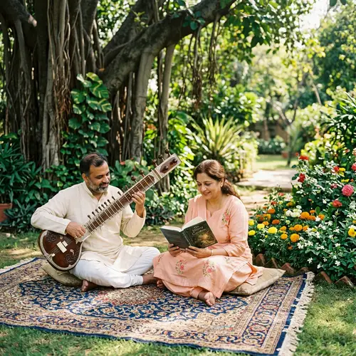 Indian Couples Relaxing in a Serene Garden