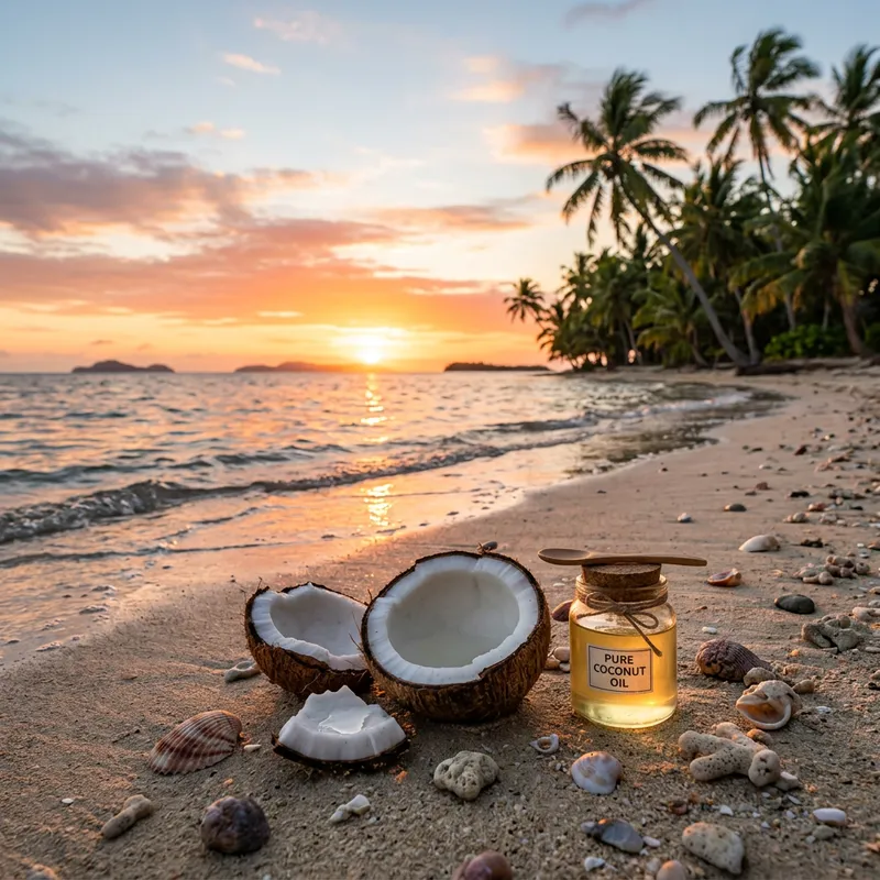 Charming Sunset Beach Scene with Shimmering Coconut Oil Charming Sunset Beach Scene with Shimmering Coconut Oil