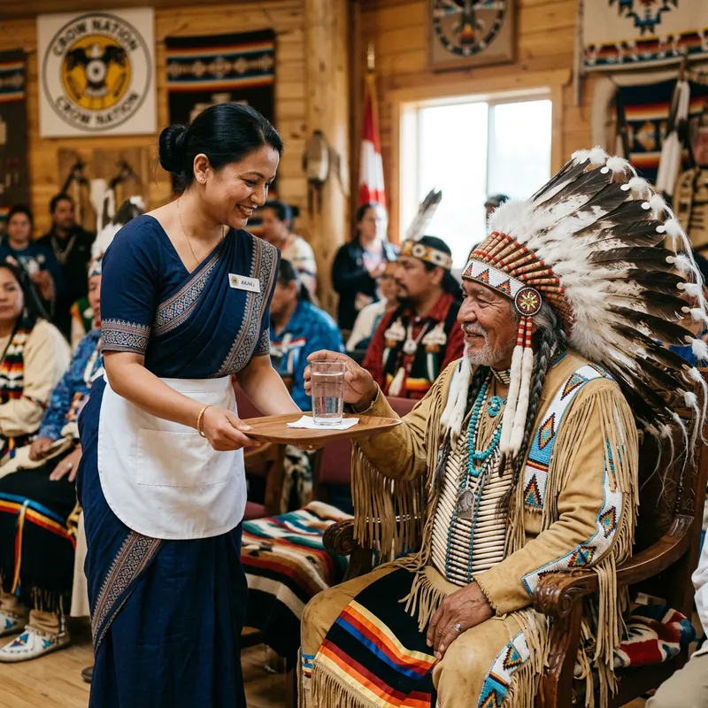 South Asian Maid Serving Water to North American Indigenous Tribal Chief