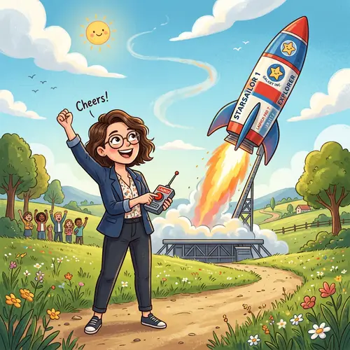 Whimsical Cartoon Illustration of Confident Businesswoman Launching Rocket