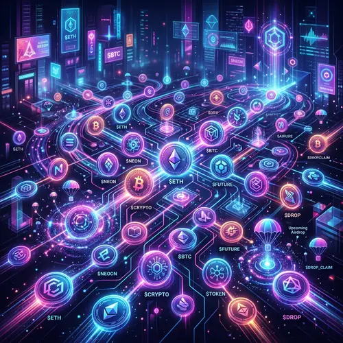 Futuristic Cryptocurrency Tokens in Vibrant Neon Colors