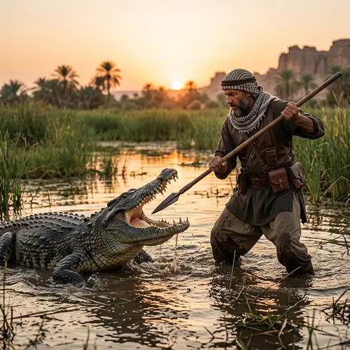 Courageous Middle Eastern Warrior Battles Giant Crocodile in Thrilling Adventure Scene